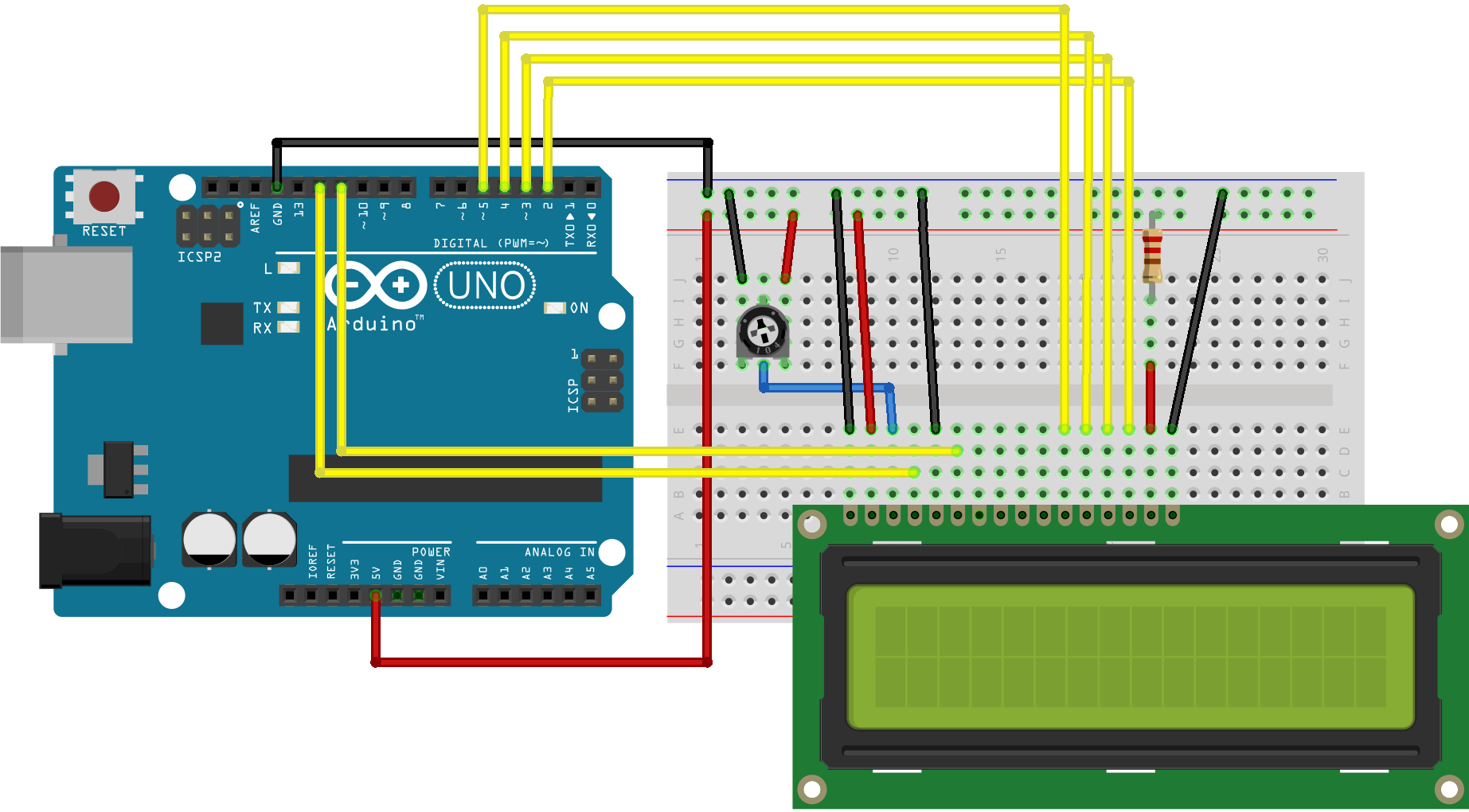 Schemat podłączenia pinów wyświetlacza do płytki stykowej oraz do pinów Arduino. Źródło: https://www.arduino.cc/en/Tutorial/HelloWorld.