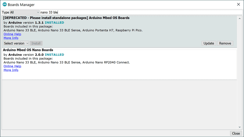 Nano33BLEsense boardsmanager