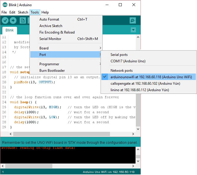 Arduino UNO WiFi OTA port menu