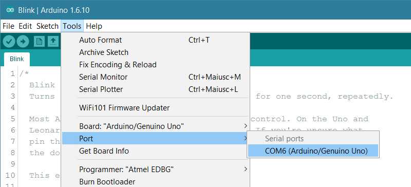 Exemplo de seleção de porta na IDE do Arduino